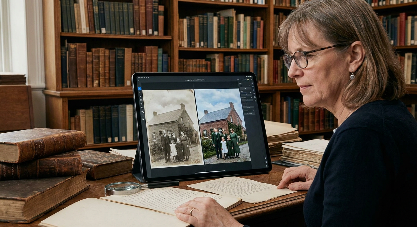 A close-up of a restored 19th-century photograph, showing the incredible detail and clarity brought back to the subject's face by AI enhancement.