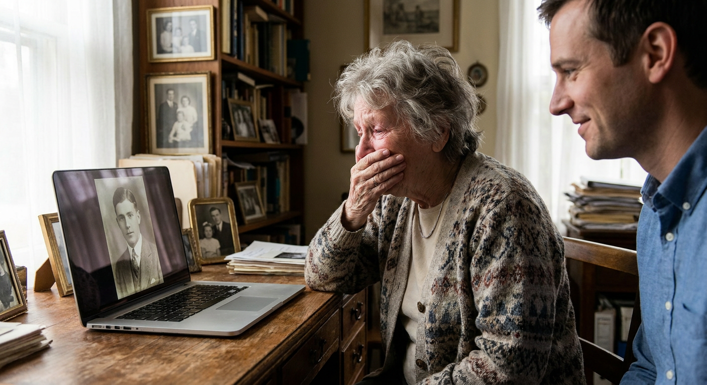 A screenshot of a family tree on a tablet, with several of the profile pictures showing subtle animation like blinking.