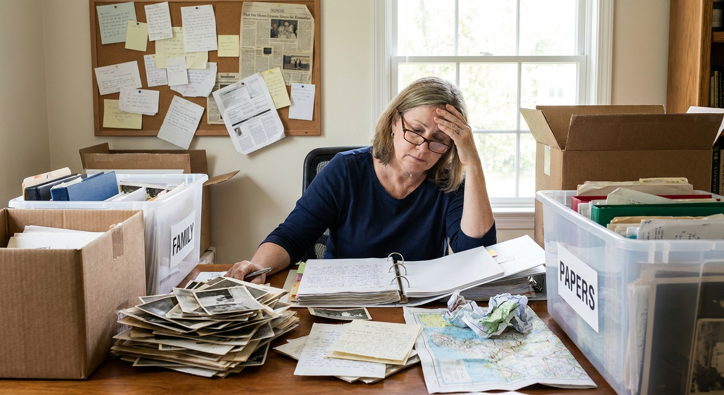 A well-organized desk setup for genealogy research, with a laptop displaying a family tree, labeled binders, and archival photo boxes.