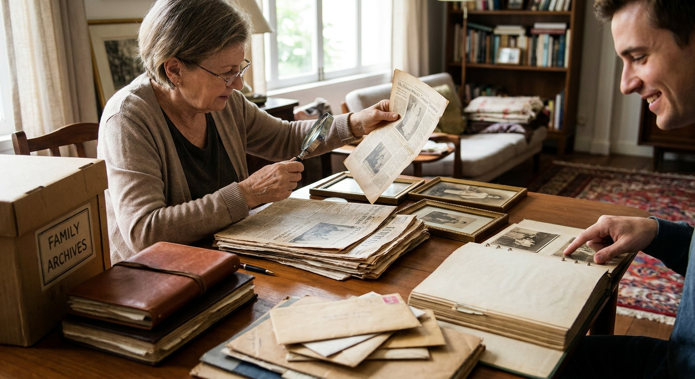 A genealogist using a magnifying glass to examine a historical newspaper open on a desk.