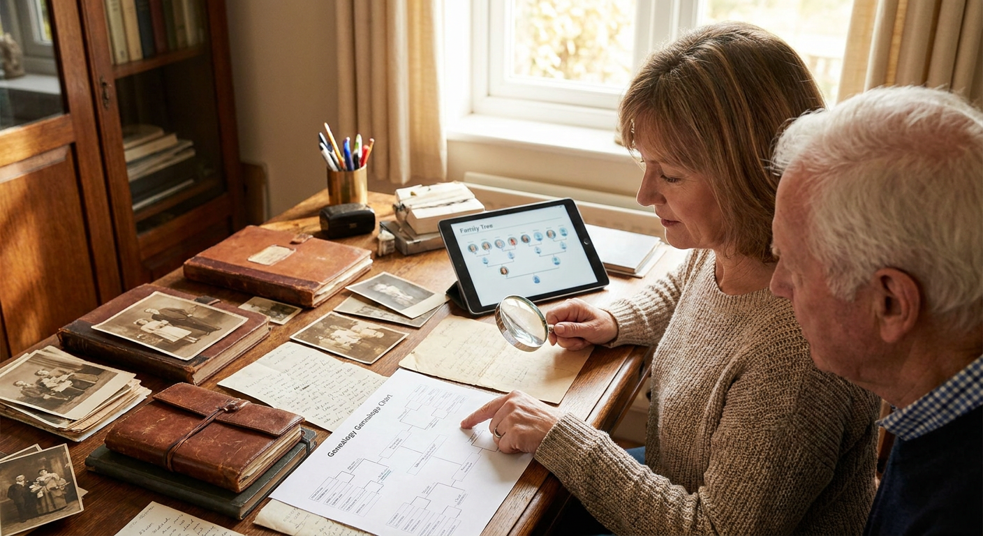 A researcher pointing to a name on an old census document while looking at a family tree on a laptop.