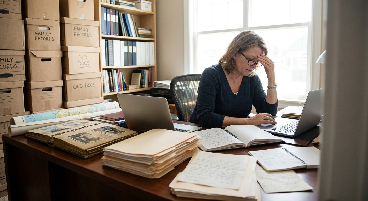 A genealogist using a laptop, looking at a family tree on the screen.