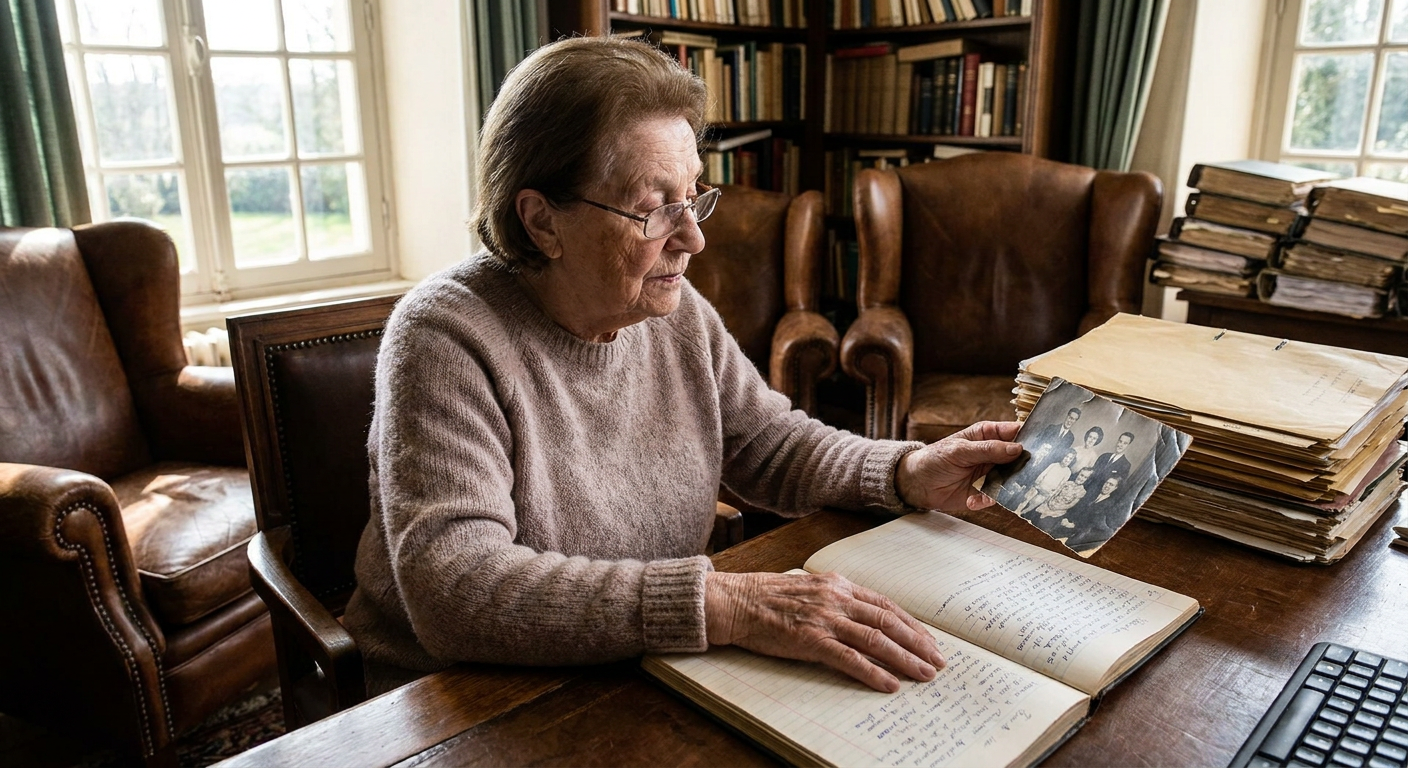 A hand holding a smartphone displaying an audio waveform over a background of old family photographs and documents.