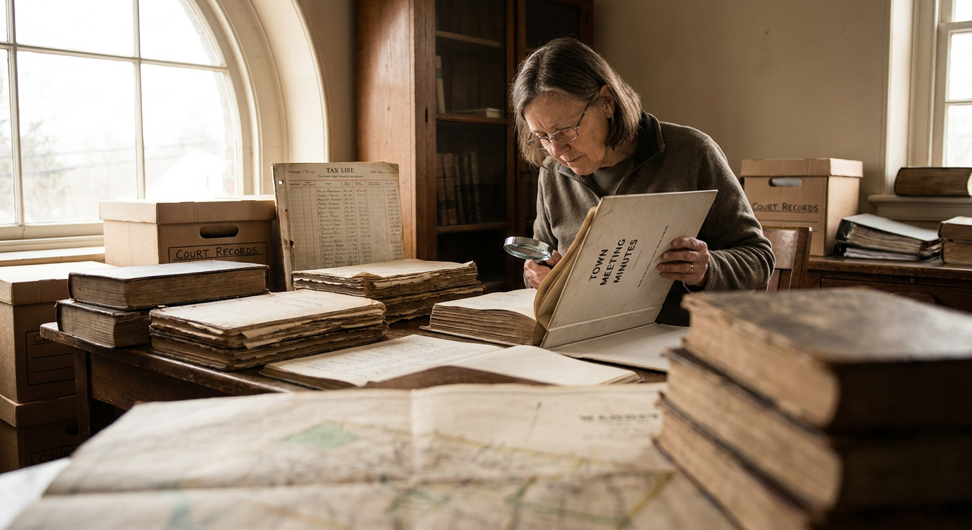 A genealogist examines a close-up of a weathered 18th-century document with cursive handwriting.